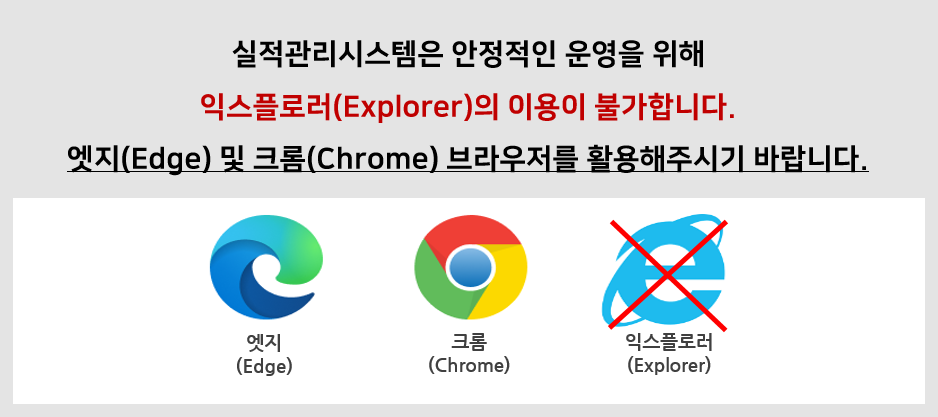 실적관리시스템은 안정적인 운영을 위해 익스플로러(Explorer)의 이용이 불가합니다. 엣지(Edge) 및 크롬(Chrome) 브라우저를 활용해주시기 바랍니다. 