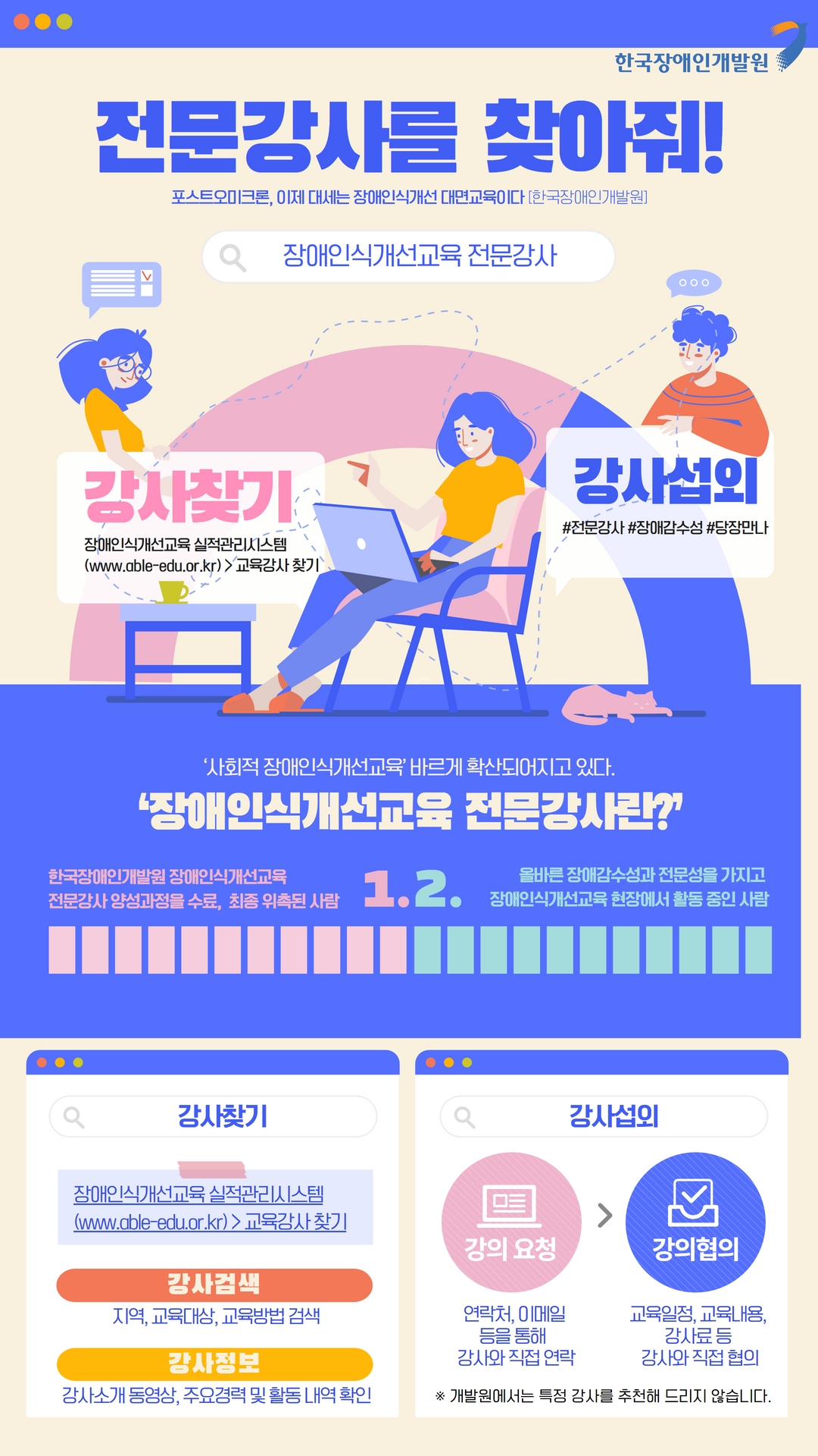 한국장애인개발원 전문강사를 찾아줘! 포스트오미크론, 이제 대세는 장애인식개선 대면 교육이다 [한국장애인개발원] 장애인식개선교육 전문강사 강사찾기 장애인식개선교육 실적관리시스템(www.able-edu.or.kr) > 교육강사 찾기 강사섭외 #전문강사 #장애인감수성 #당장만나 사회적 장애인식개선교육 바르게 확산되어지고 있다. 장애인식개선교육 전문강사란? 1. 한국장애인개발원 장애인식개선교육 전문강사 양성과정을 수료, 최종 위촉된 사람 2. 올바른 장애감수성과 전문성을 가지고 장애인식개선교육 현장에서 활동중인 사람 강사찾기 장애인식개선교육 실적관리시스템(www.able-edu.or.kr) > 교육강사 찾기 강사검색 지역, 교육대상, 교육방법 검색 강사정보 강사소개 동영상, 주요경력 및 활동 내역 확인 강사섭외 강의 요청 연락처,이메일 등을 통해 강사와 직접 연락 > 강의협의 교육일정, 교육내용, 강사료 등 강사와 직접 협의 ※ 개발원에서는 특정 강사를 추천해 드리지 않습니다.